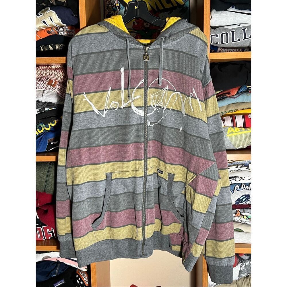 Y2K Volcom Men’s Striped Embroidered Full Zip Hoodie